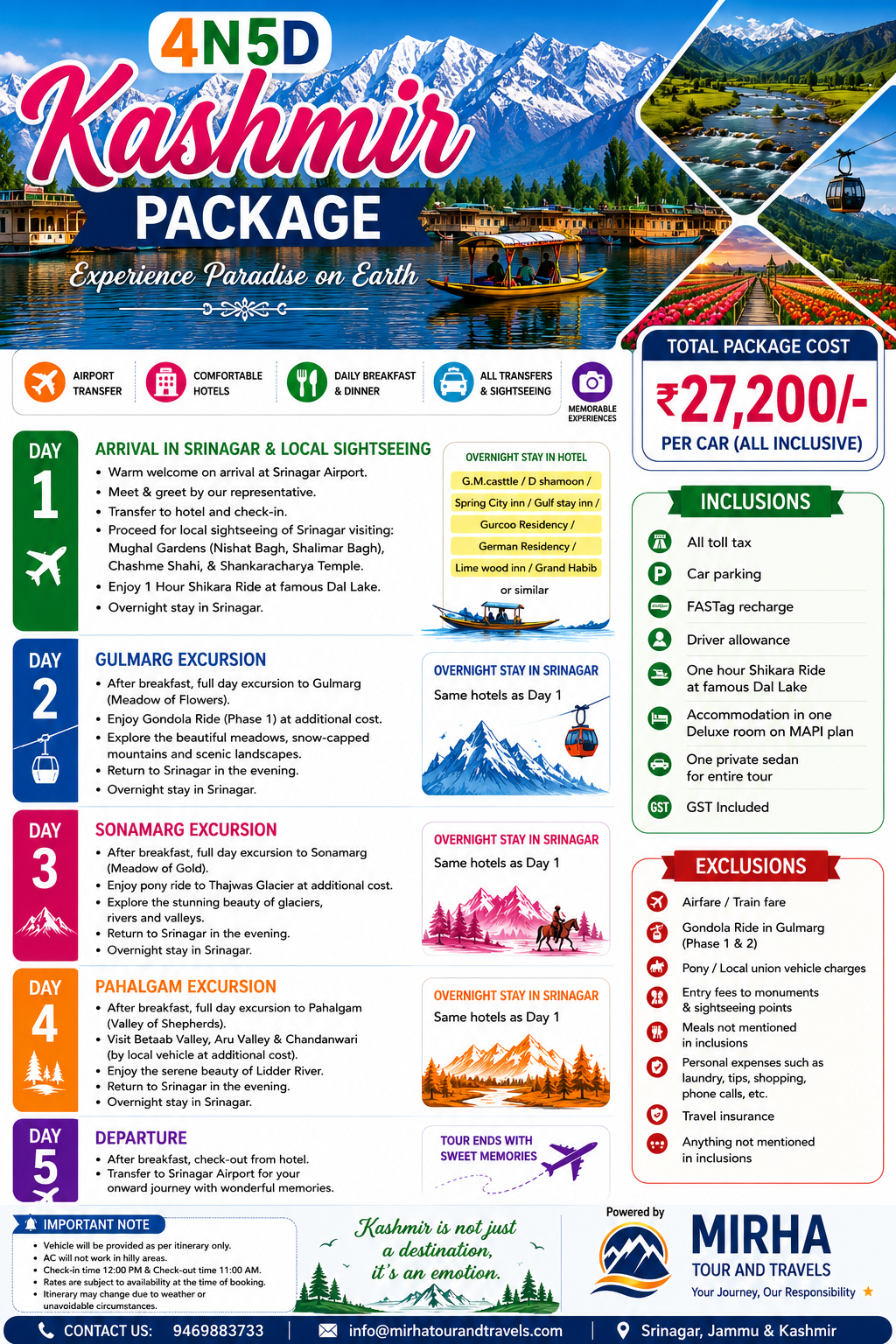4 Nights 5 Days Kashmir Package by Private Car – ₹27,200