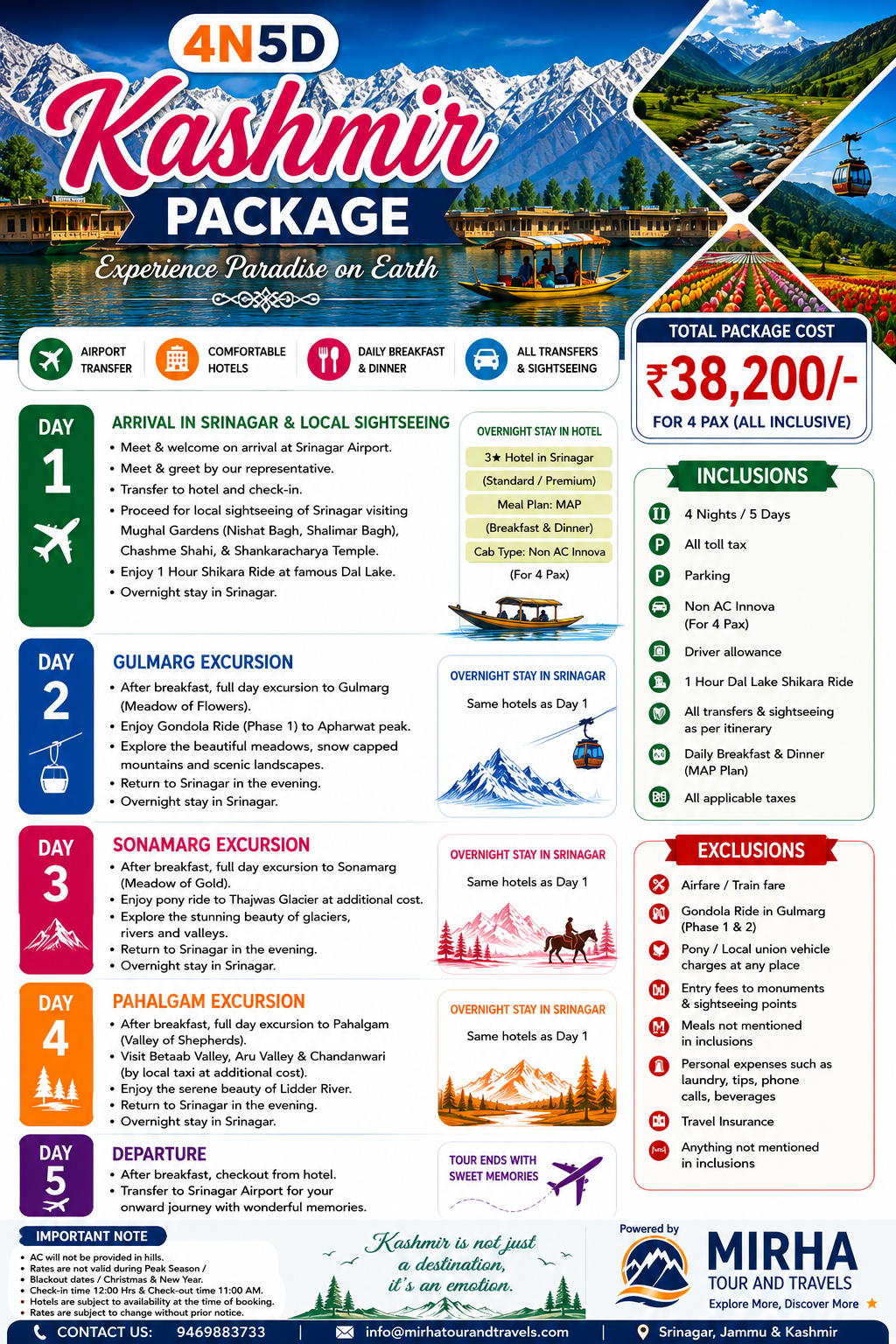4 Nights 5 Days Kashmir Package for 4 Pax with Innova – ₹38,200