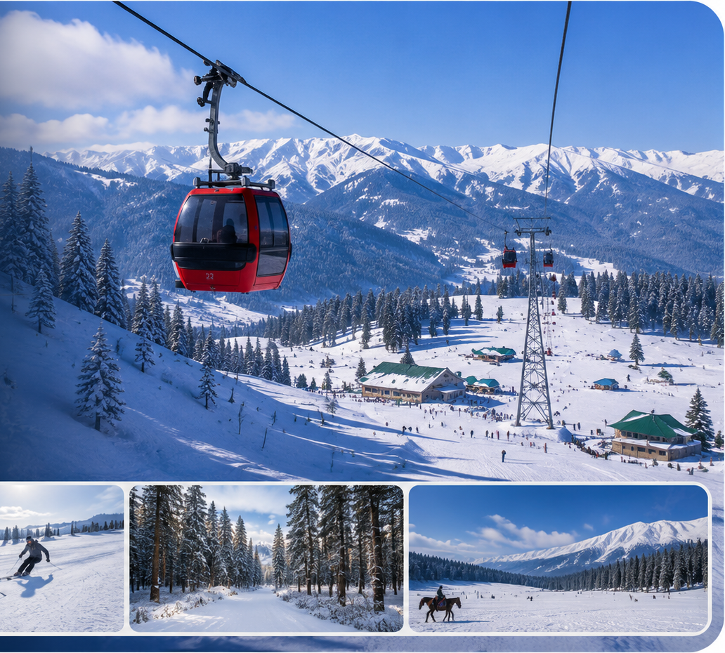Gulmarg gondola over snow meadows in a family Kashmir tour package
